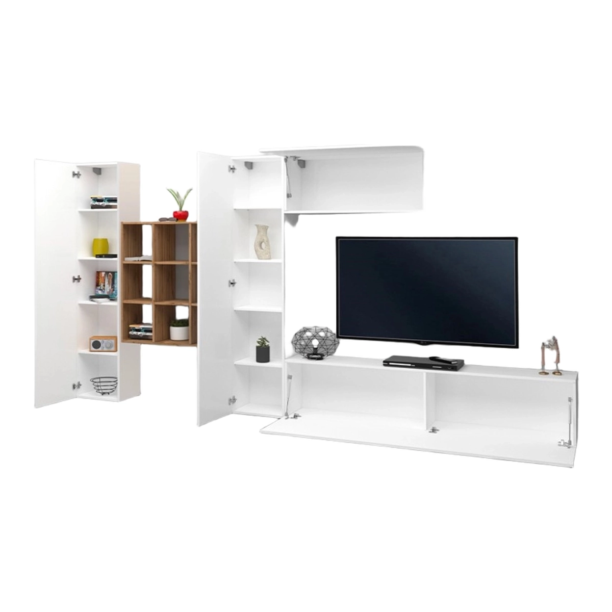 Floating TV Wall Unit with 2 Cabinets and Oak Bookcase Ferd WH — 7