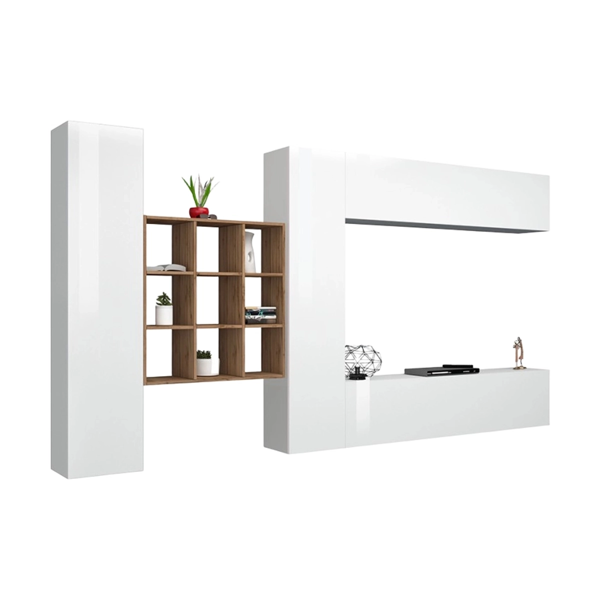 Floating TV Wall Unit with 2 Cabinets and Oak Bookcase Ferd WH — 1