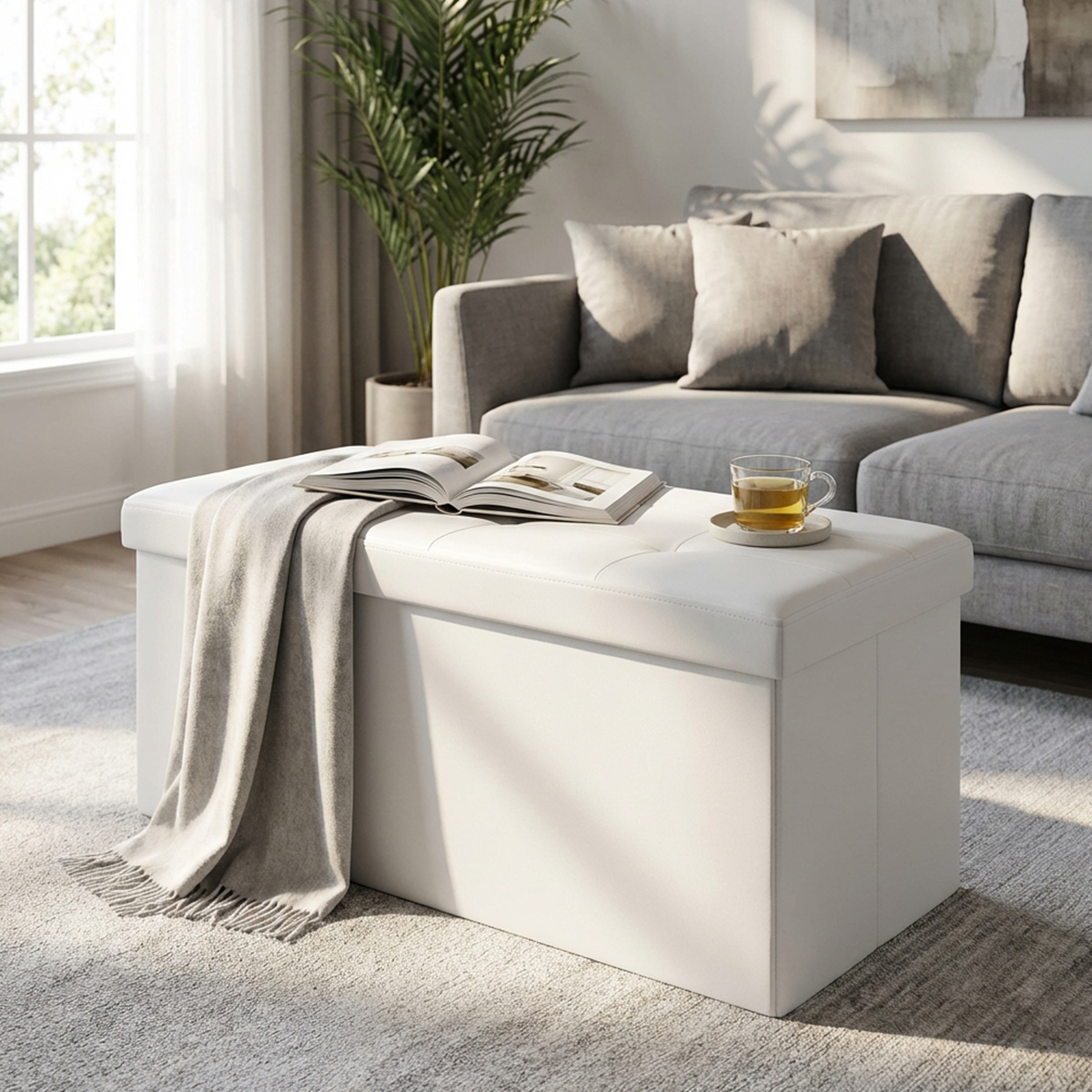 Rectangular Faux Leather Storage Ottoman Pouf 76x38x38 cm — 2
