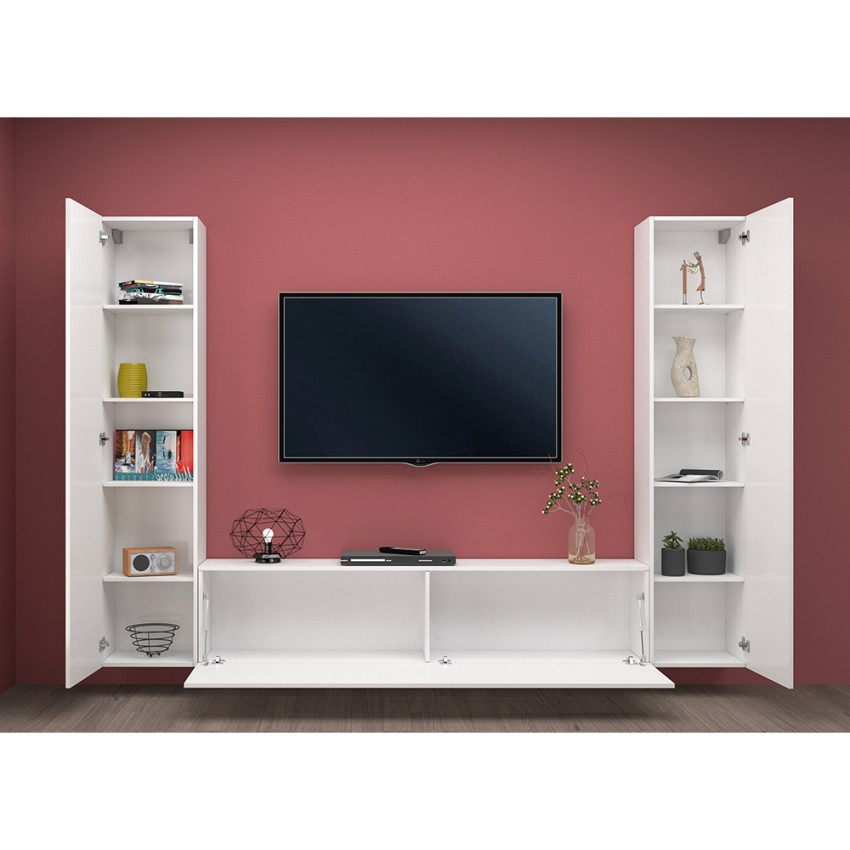 Floating Living Room Entertainment Unit Glossy White TV Stand 2 Cabinets Vibe WH — 4