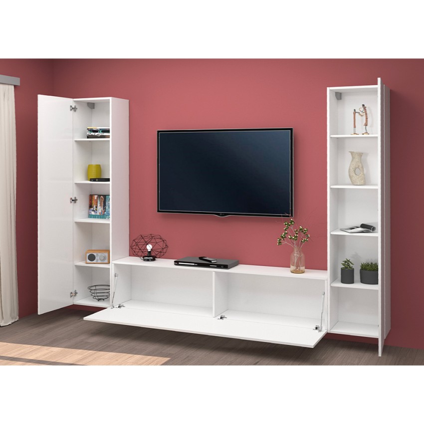 Floating Living Room Entertainment Unit Glossy White TV Stand 2 Cabinets Vibe WH — 5
