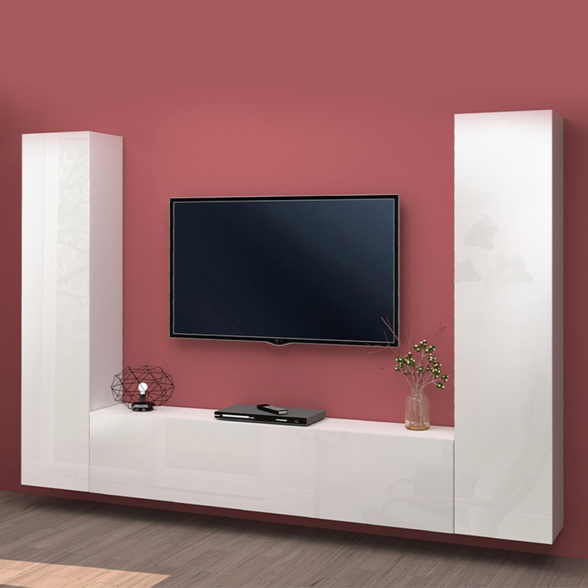 Floating Living Room Entertainment Unit Glossy White TV Stand 2 Cabinets Vibe WH — 2