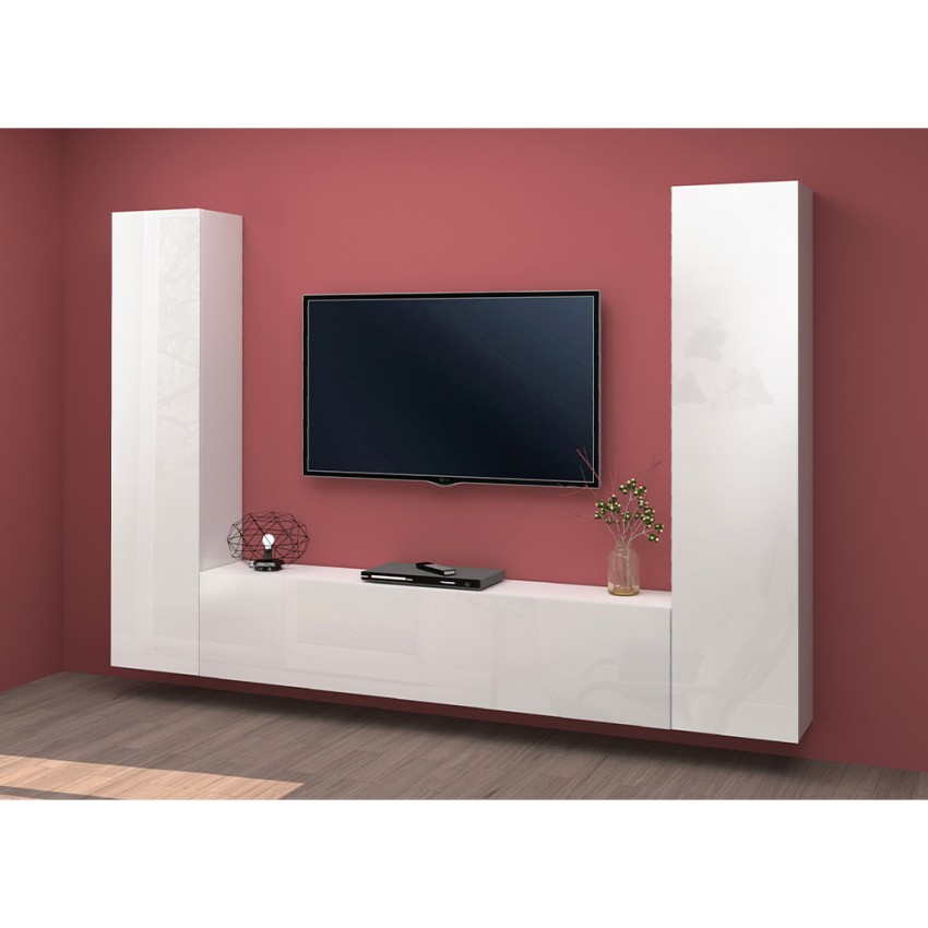 Floating Living Room Entertainment Unit Glossy White TV Stand 2 Cabinets Vibe WH — 3