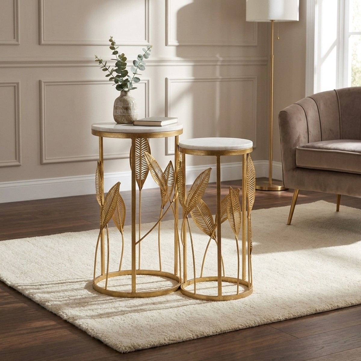 Leaf Set of 2 Round Side Tables in Metallo Marble Top Mauro Ferretti — 2
