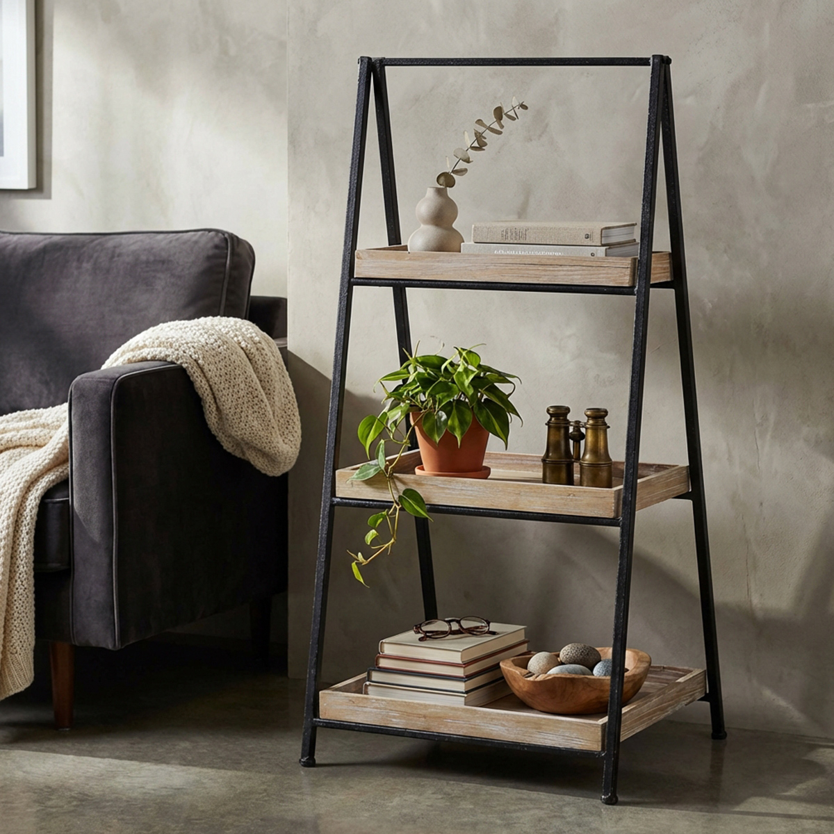 3-Tier Industrial Metal and Wood Bookcase Shelf Braiden — 3