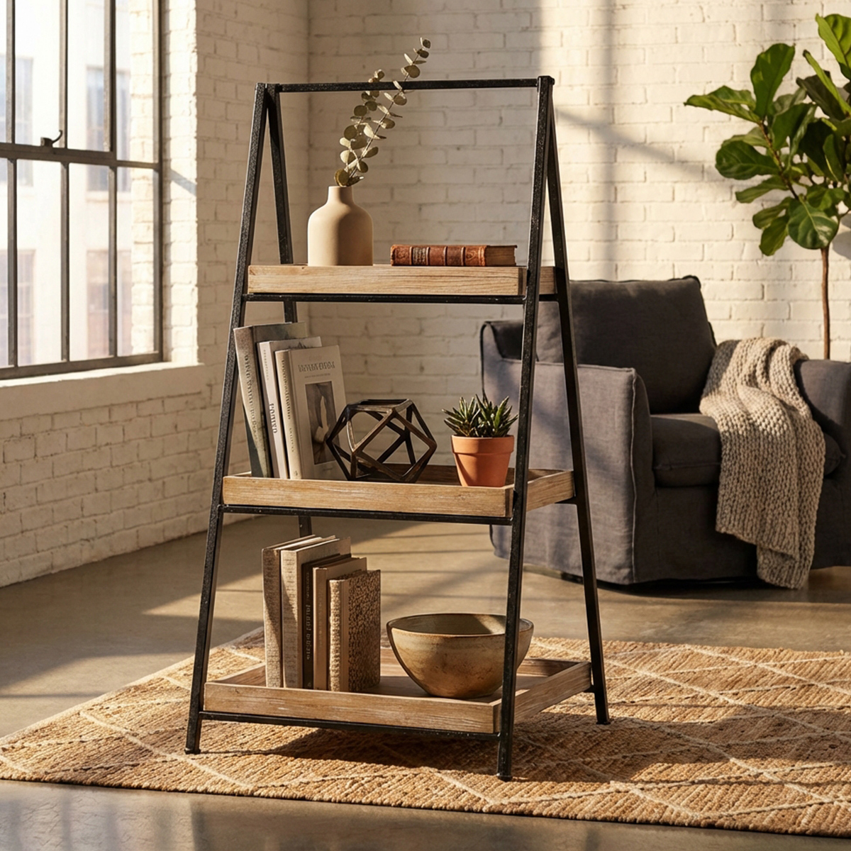 3-Tier Industrial Metal and Wood Bookcase Shelf Braiden — 4