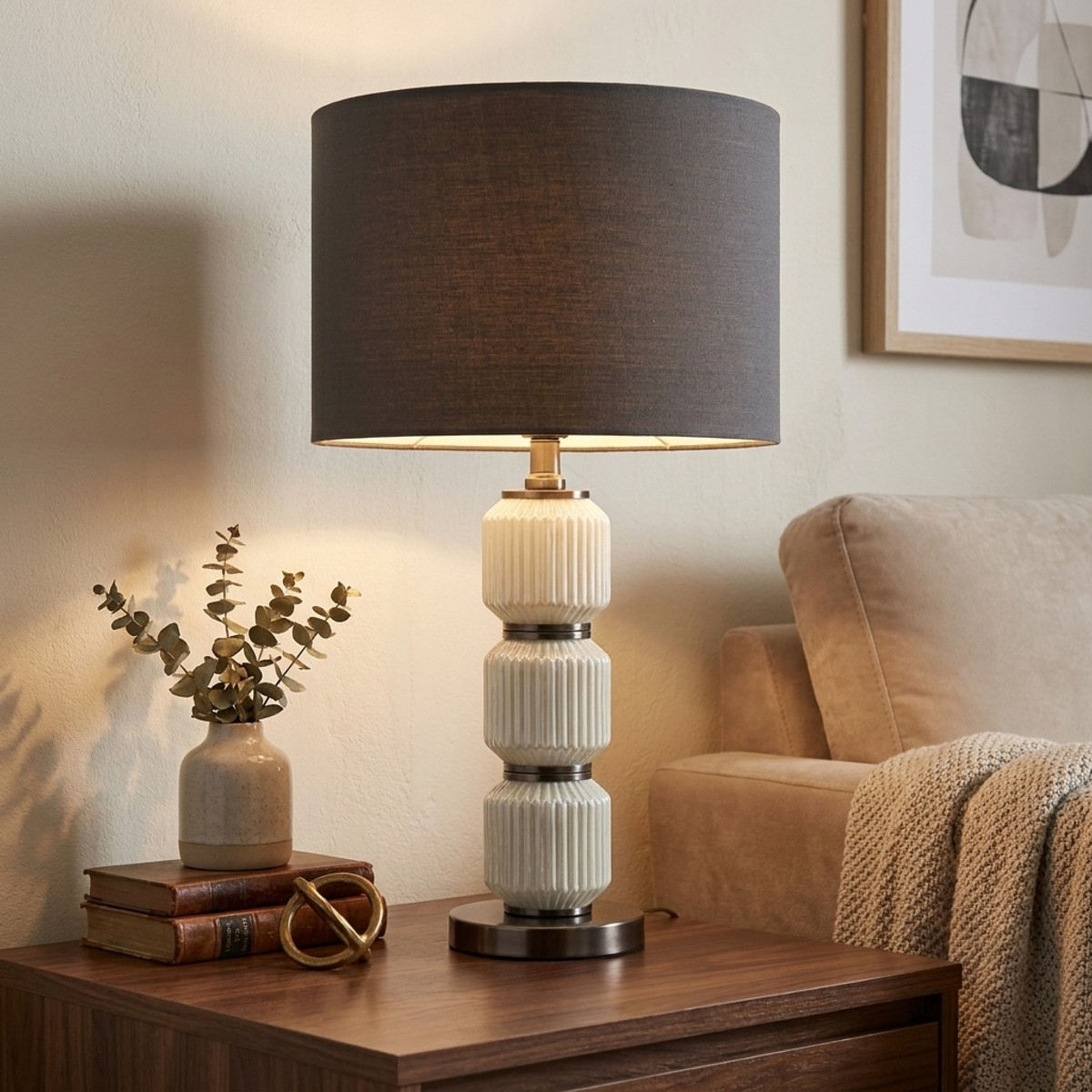 Bright Three Table Lamp in Glass and Fabric Shade — 2