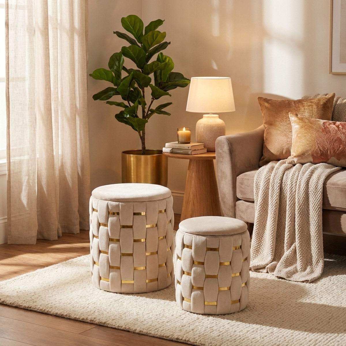 Set of 2 Shanty braided upholstered storage ottomans — 2