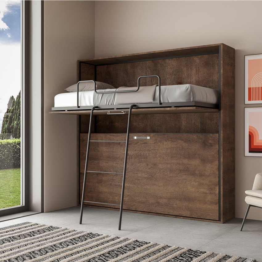 Horizontal foldaway bunk bed walnut with mattresses 85x185cm Kando 2MNC Itamoby — 3