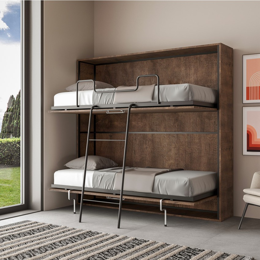 Horizontal foldaway bunk bed walnut with mattresses 85x185cm Kando 2MNC Itamoby — 2