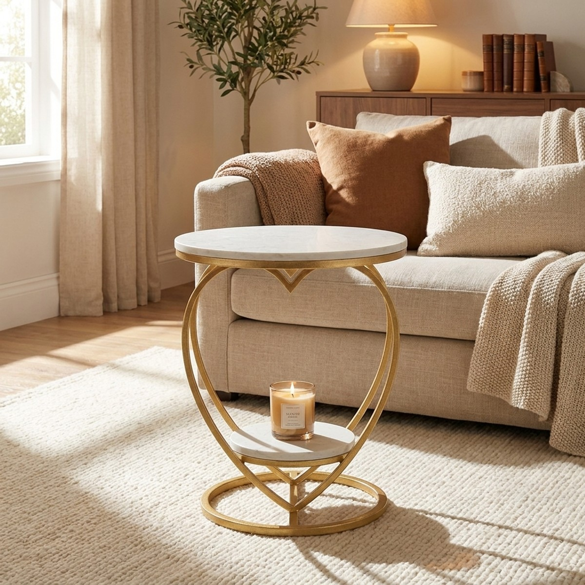 Heart Round Metal Side Table with Marble Effect Shelves — 2