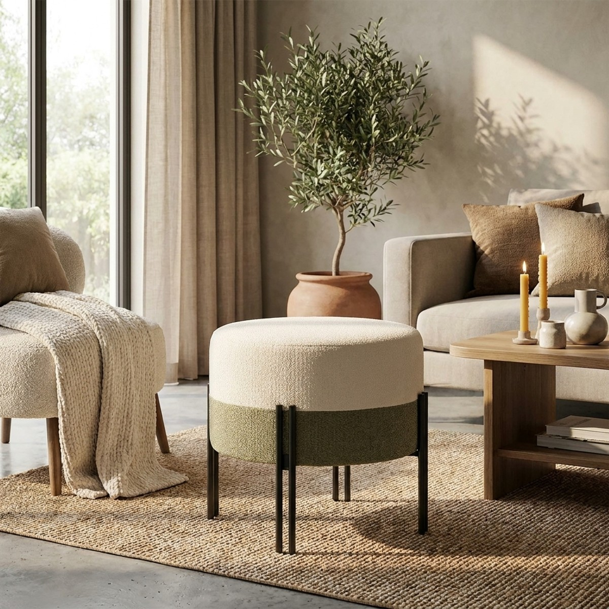 Tedy Sculptural Round Upholstered Pouffe in Fabric and Metal — 2