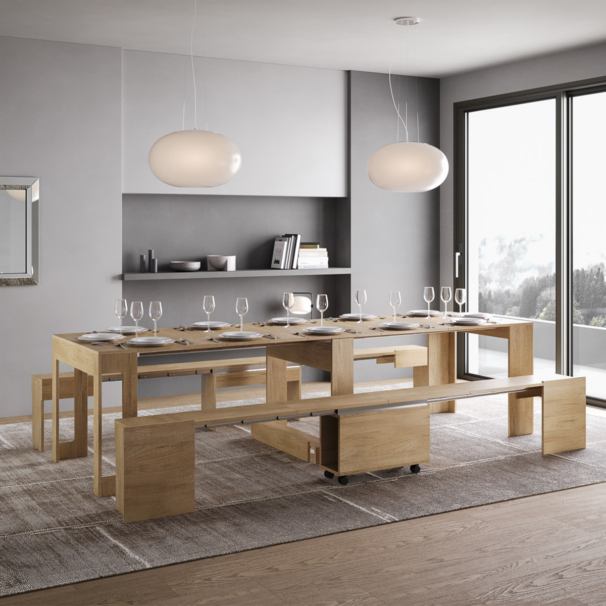 Evolve extendable console table with integrated benches 90x42-302 cm — 2