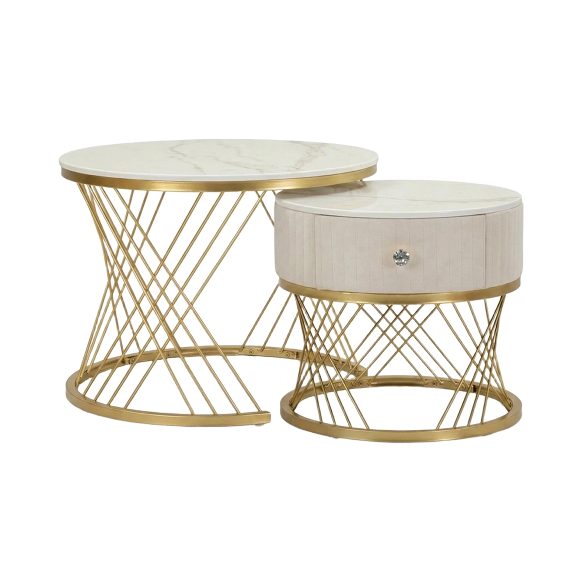 Set of 2 Round Coffee Tables with Drawer Marble Effect Votix — 1