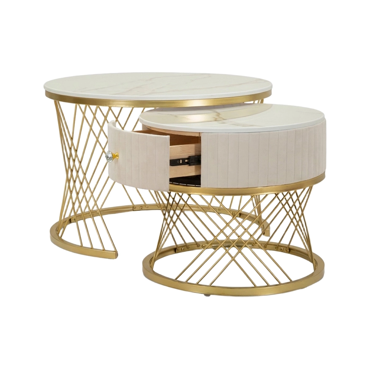 Set of 2 Round Coffee Tables with Drawer Marble Effect Votix — 5