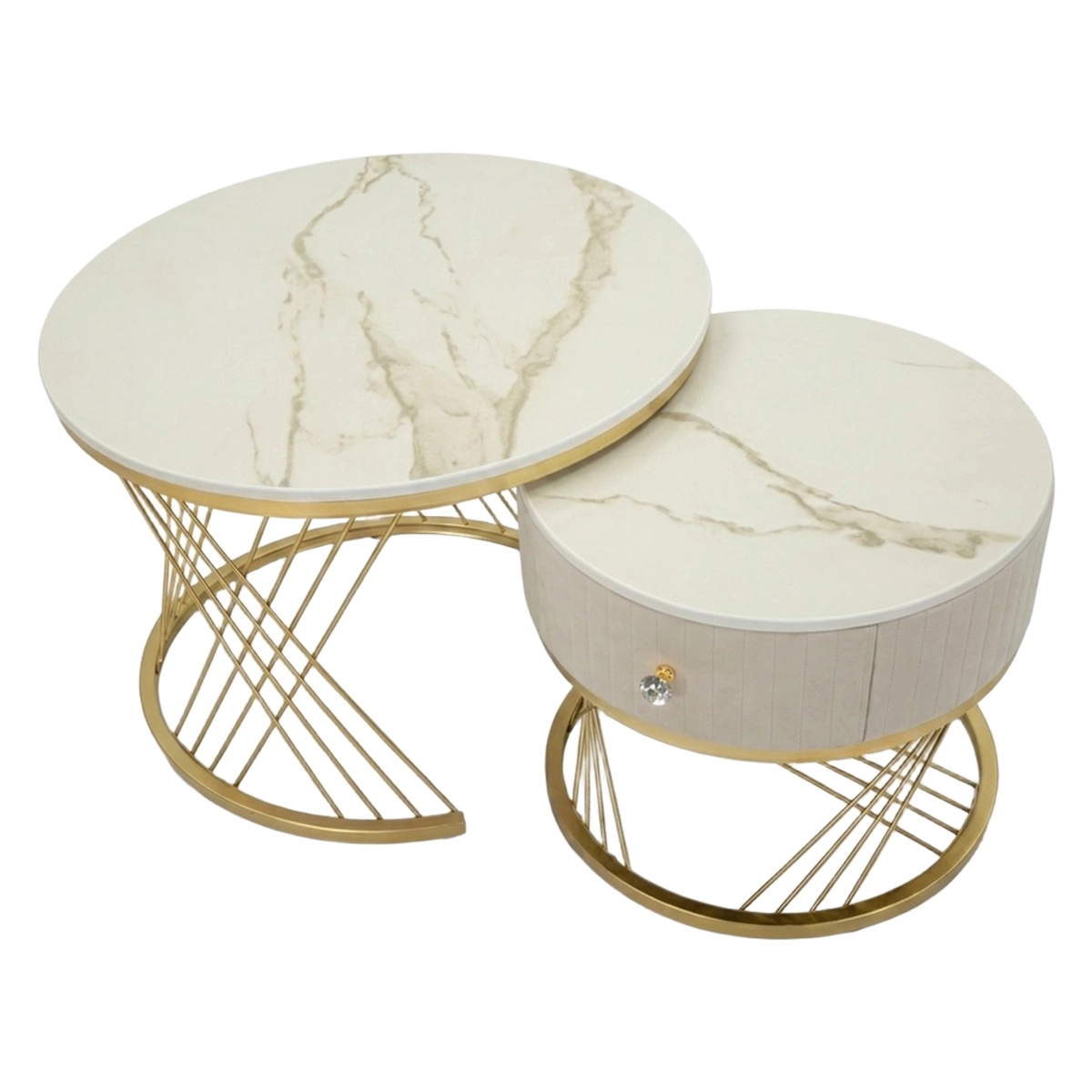 Set of 2 Round Coffee Tables with Drawer Marble Effect Votix — 6