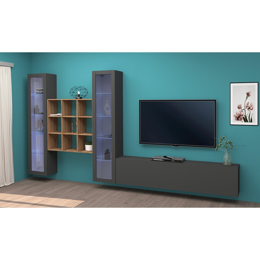 Onir RT Modern TV Wall Unit with 2 Display Cabinets and Bookcase Grey Wood — 3