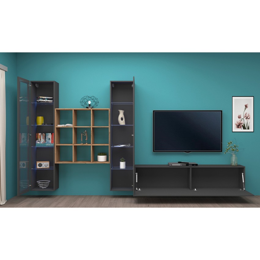 Onir RT Modern TV Wall Unit with 2 Display Cabinets and Bookcase Grey Wood — 4