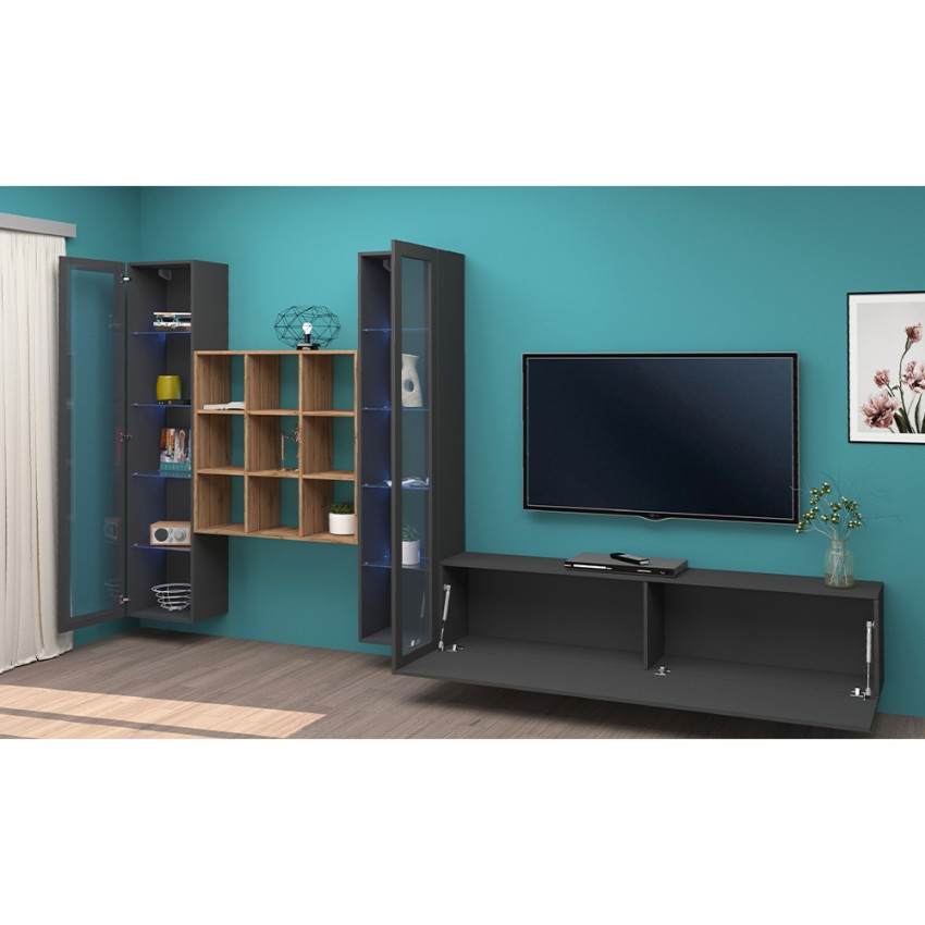 Onir RT Modern TV Wall Unit with 2 Display Cabinets and Bookcase Grey Wood — 5