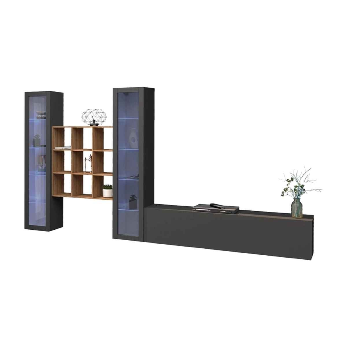 Onir RT Modern TV Wall Unit with 2 Display Cabinets and Bookcase Grey Wood — 8