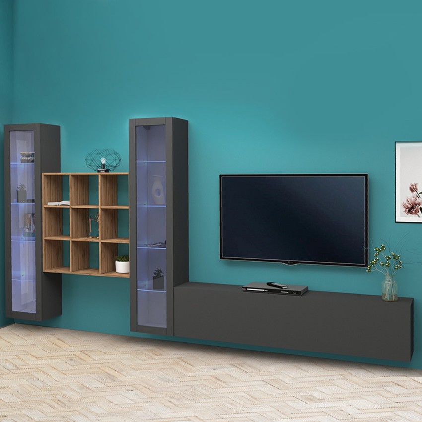 Onir RT Modern TV Wall Unit with 2 Display Cabinets and Bookcase Grey Wood — 2