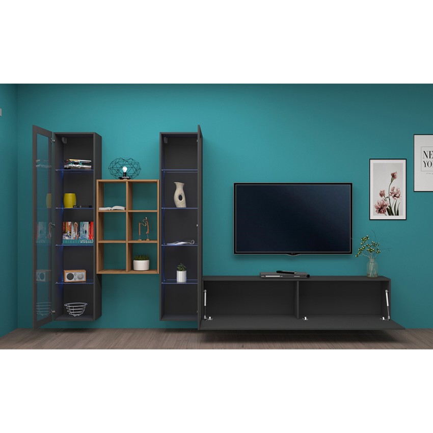 Yves RT Modern Floating Wall Unit TV Stand Bookcase 2 Display Cabinets — 4