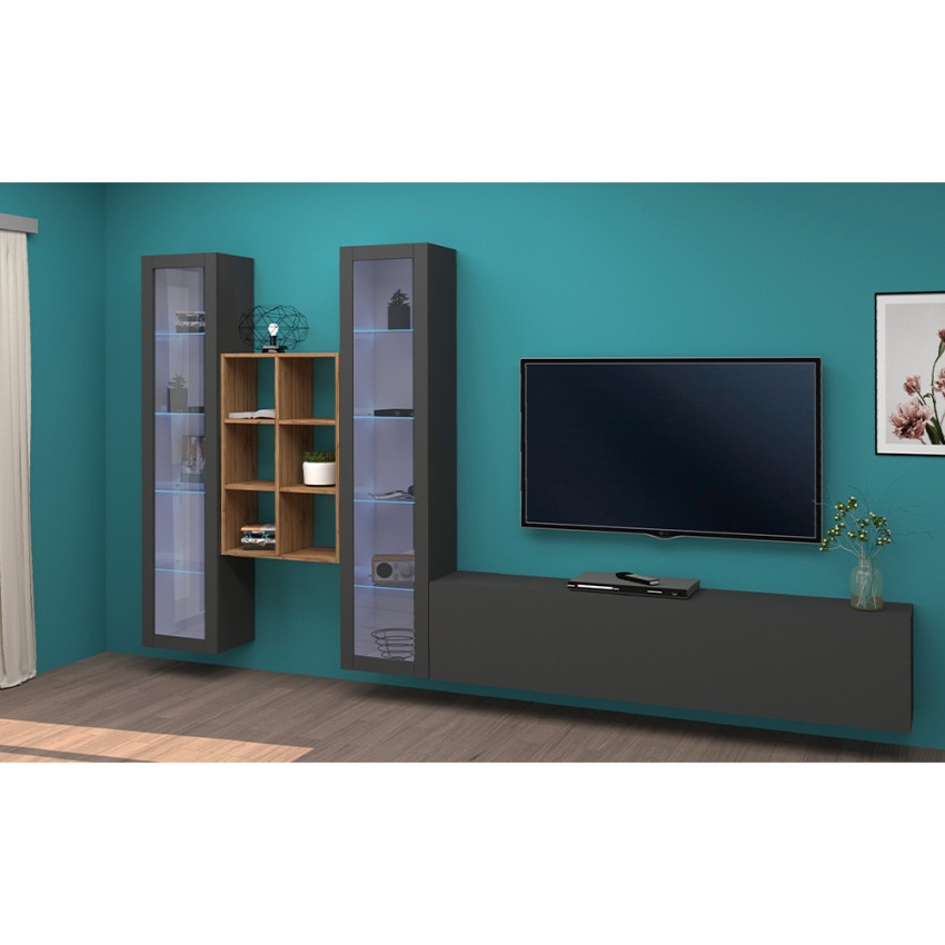 Yves RT Modern Floating Wall Unit TV Stand Bookcase 2 Display Cabinets — 5