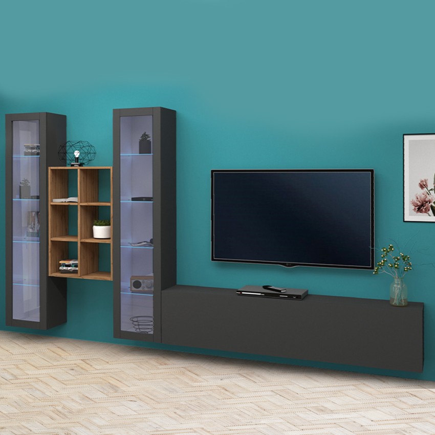 Yves RT Modern Floating Wall Unit TV Stand Bookcase 2 Display Cabinets — 2
