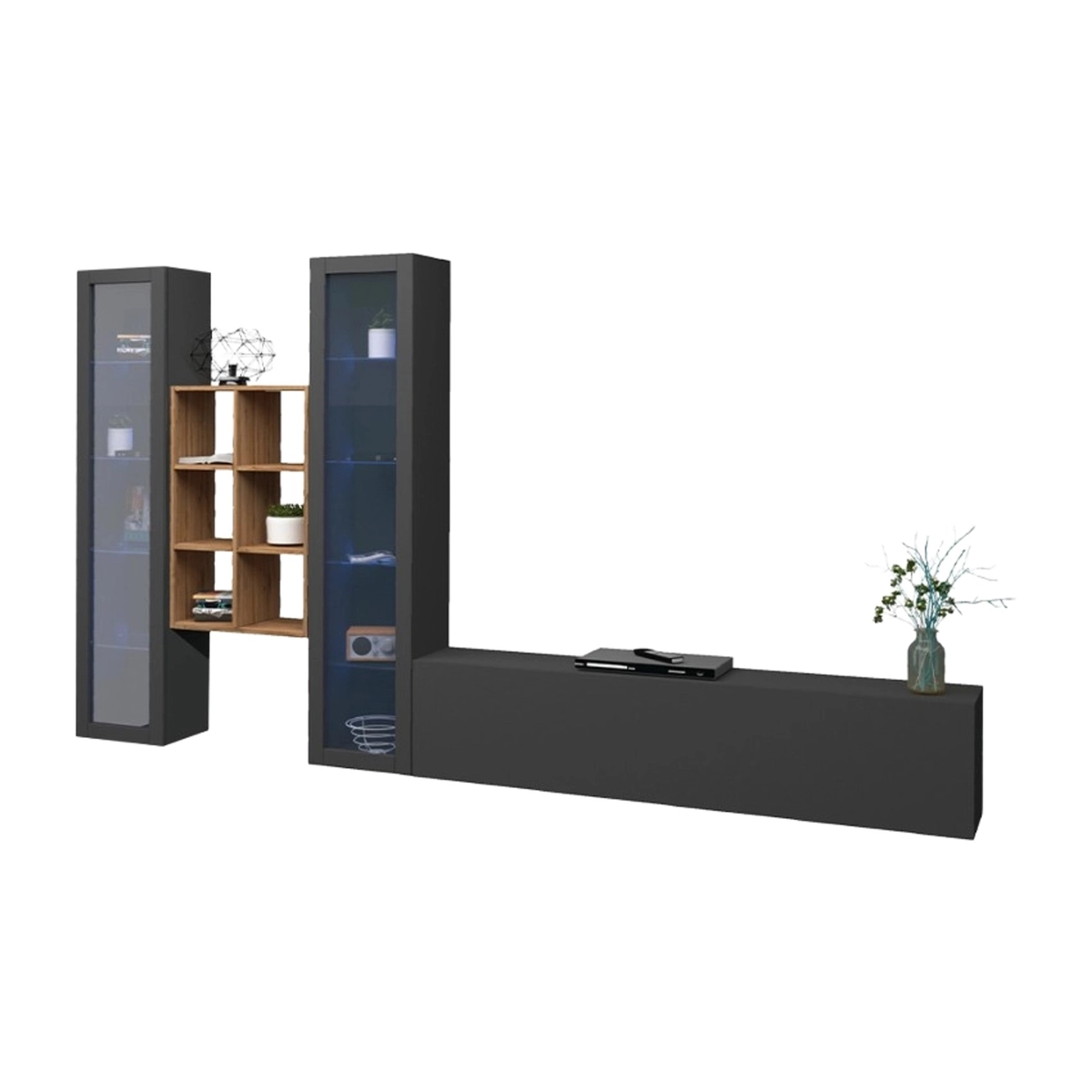 Yves RT Modern Floating Wall Unit TV Stand Bookcase 2 Display Cabinets — 1