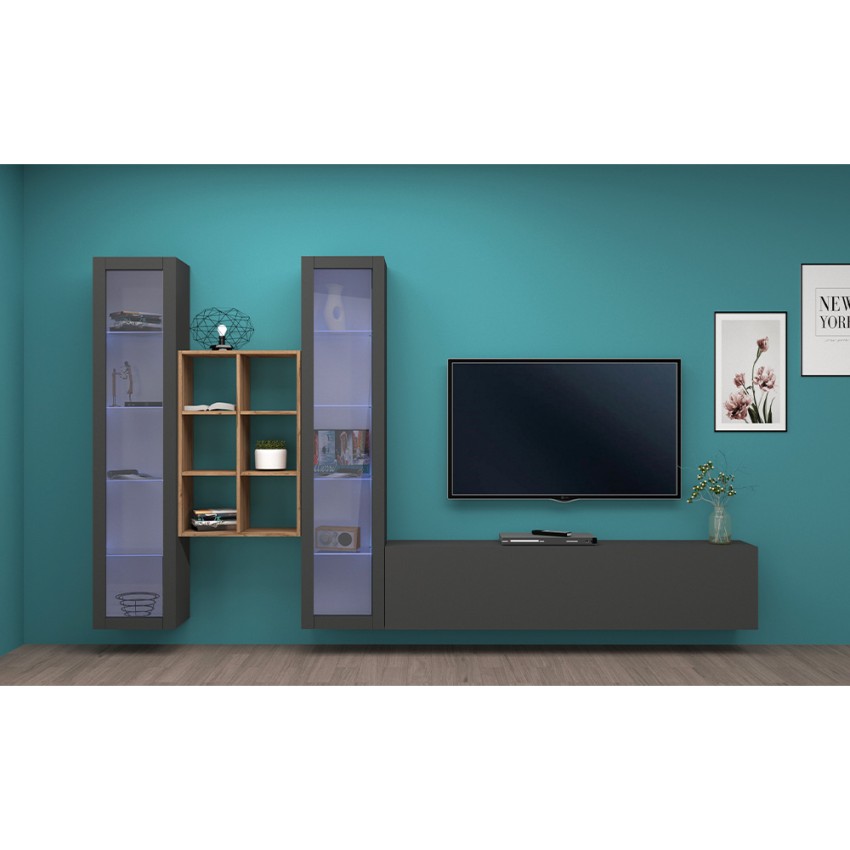 Yves RT Modern Floating Wall Unit TV Stand Bookcase 2 Display Cabinets — 3