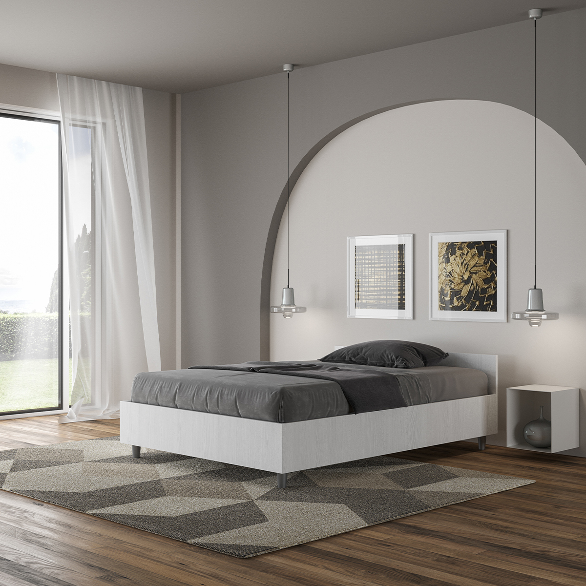 Small double bed 120x200 white wood with slatted base Nuamo Itamoby — 2
