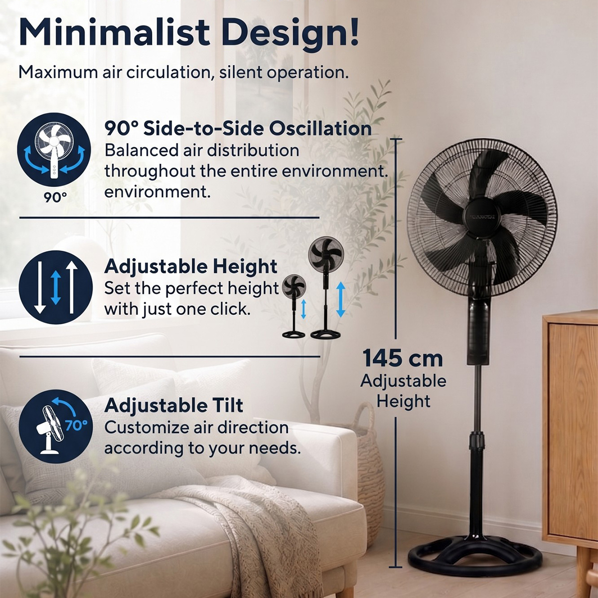 Ventilatore a piantana oscillante silenzioso Novira