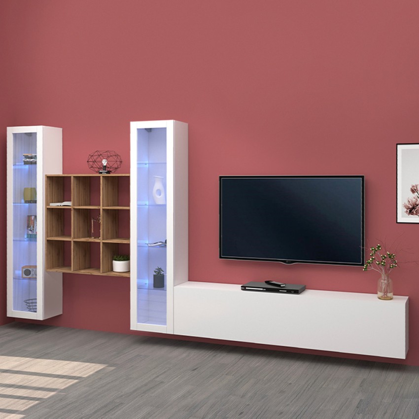Modern Wall Unit with TV Stand 2 Glass Cabinets and Bookcase Onir WH — 2