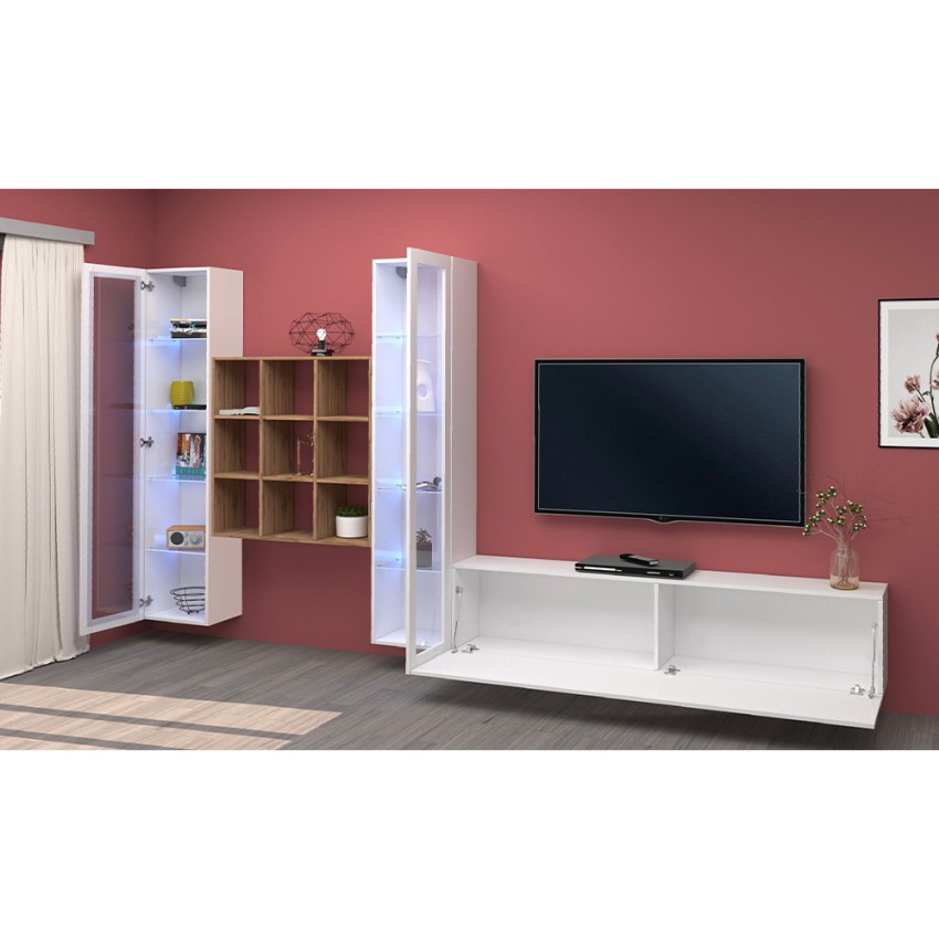 Modern Wall Unit with TV Stand 2 Glass Cabinets and Bookcase Onir WH — 4