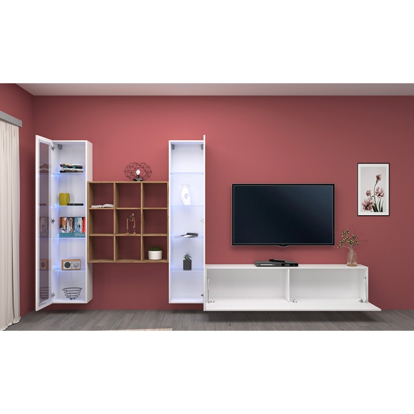 Modern Wall Unit with TV Stand 2 Glass Cabinets and Bookcase Onir WH — 5