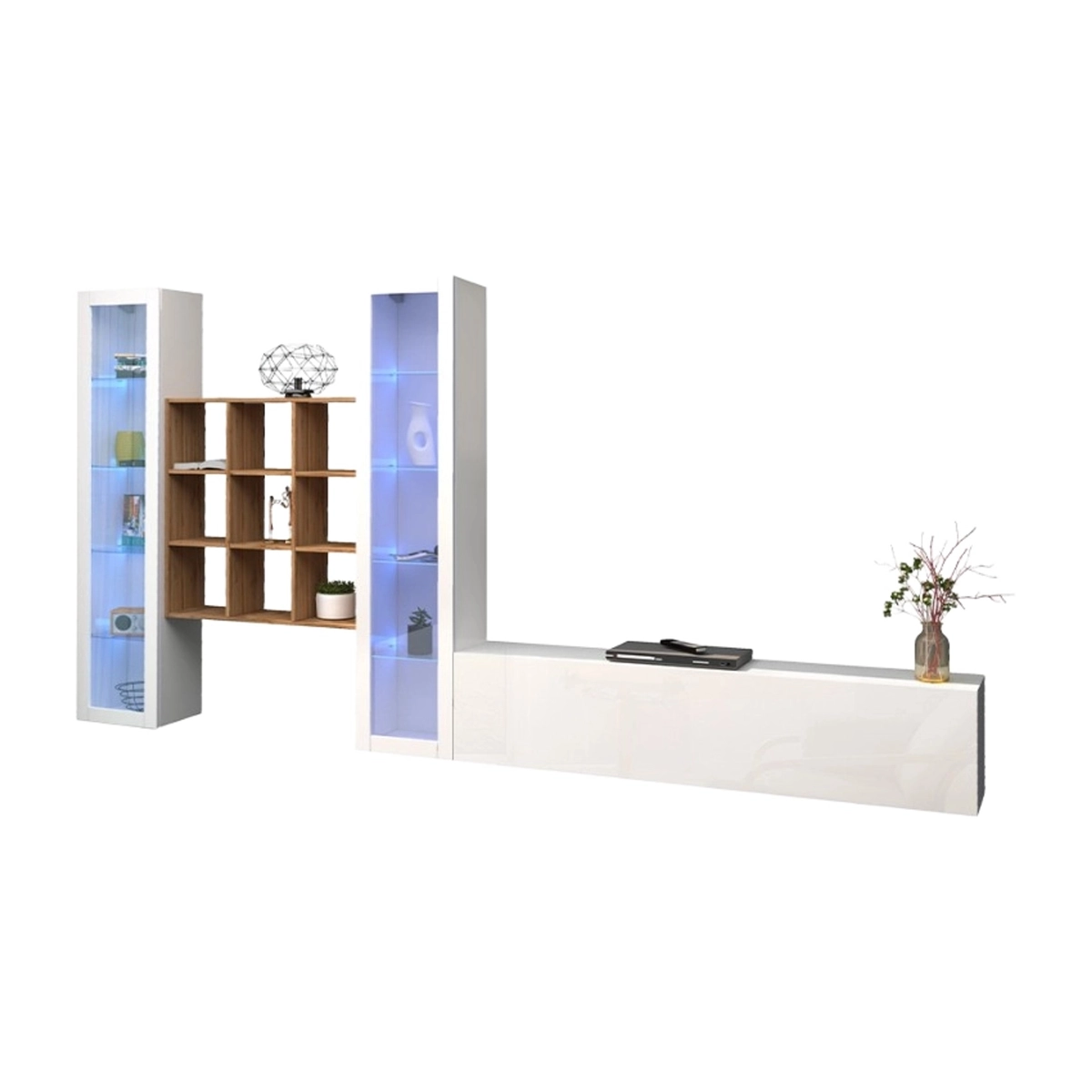 Modern Wall Unit with TV Stand 2 Glass Cabinets and Bookcase Onir WH — 1