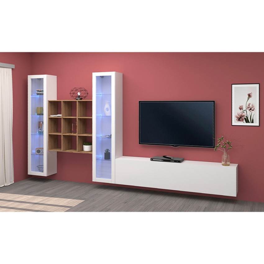 Modern Wall Unit with TV Stand 2 Glass Cabinets and Bookcase Onir WH — 3