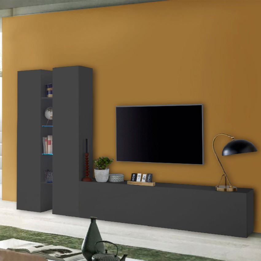 Modern Grey TV Wall Unit with 2 Cabinets and 4 Shelves Sage RT — 2