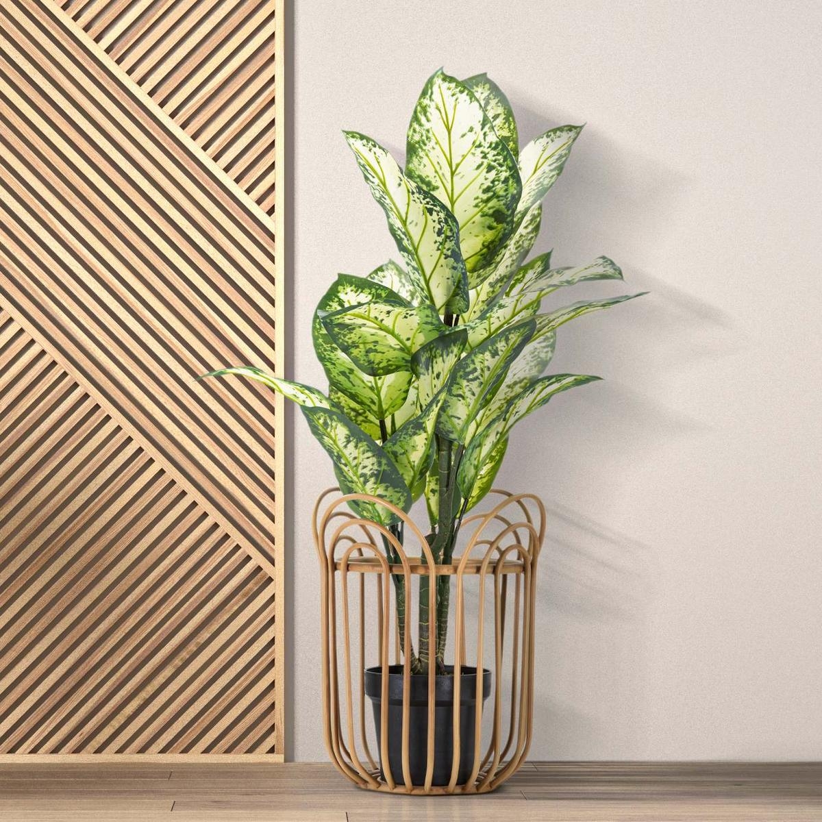 Panama round metal and woven rattan plant stand — 2