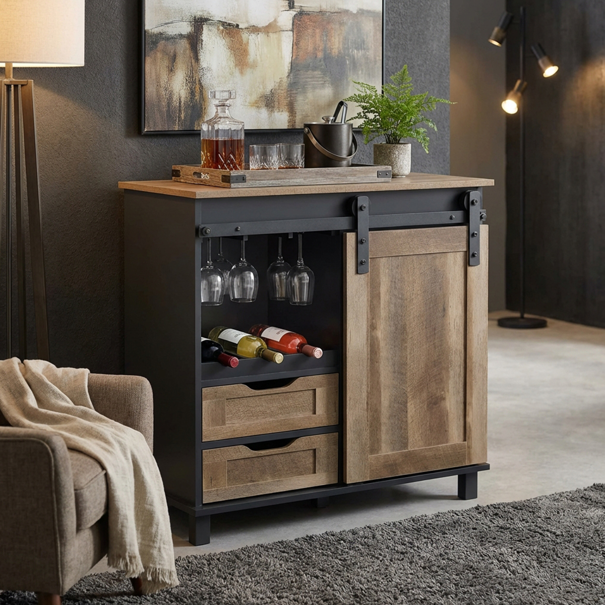 Yvan Industrial Bar Cabinet Sideboard in Wood and Steel — 2
