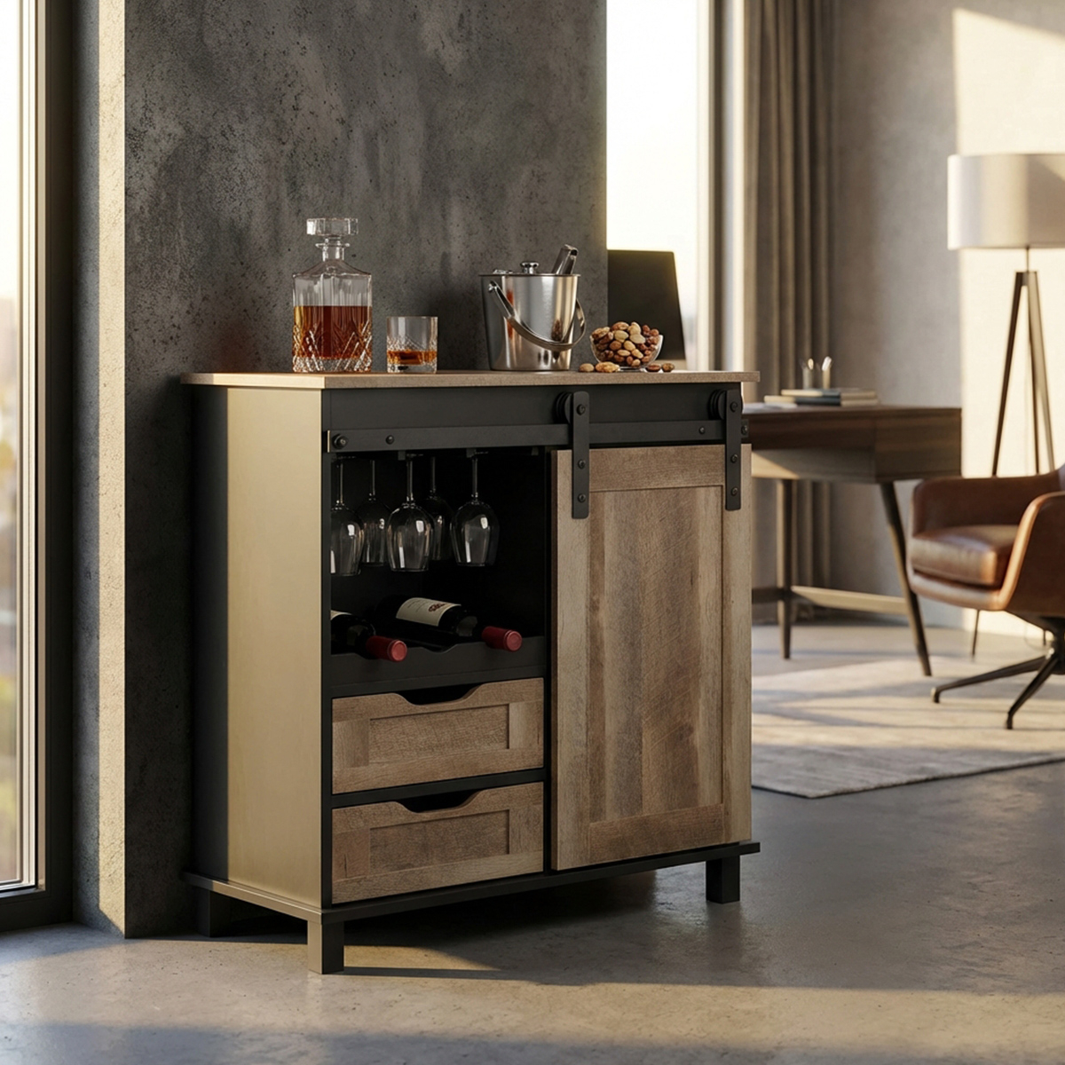 Yvan Industrial Bar Cabinet Sideboard in Wood and Steel — 4