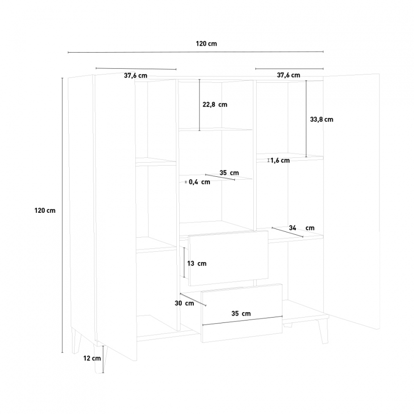 Sideboard display cabinet 120x40cm 2 doors 2 drawers glass shelves Valerie — 7