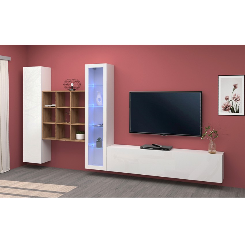 Modern White Living Room Wall Unit with TV Stand Showcase Bookcase Ranil WH — 5