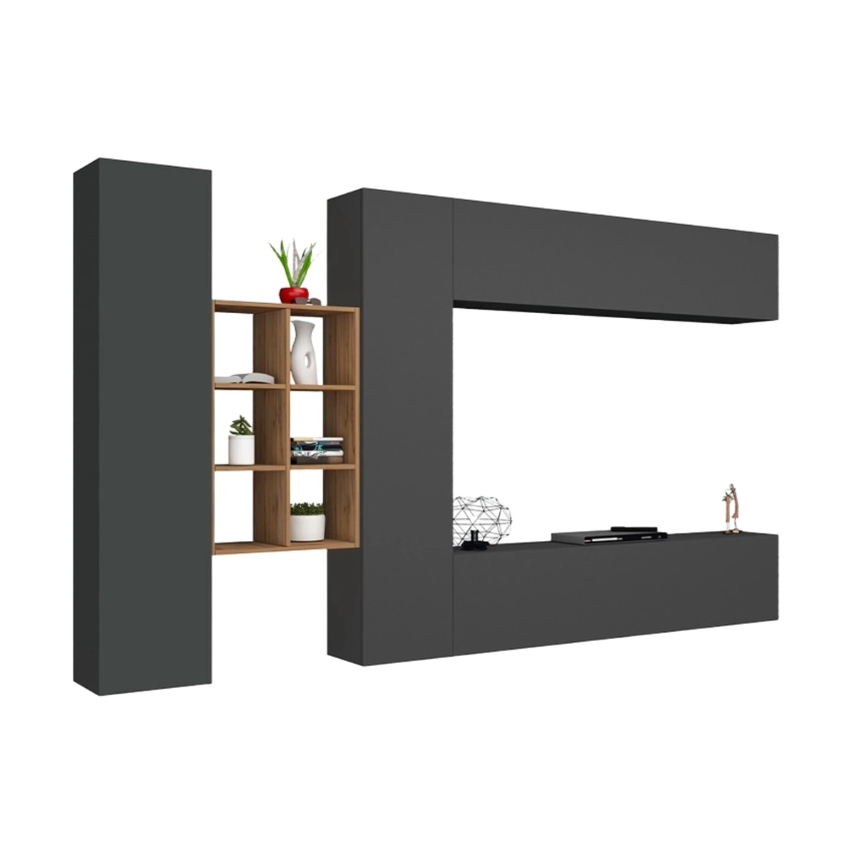 Wall unit TV stand with bookcase and 2 cabinets grey Sid RT — 1