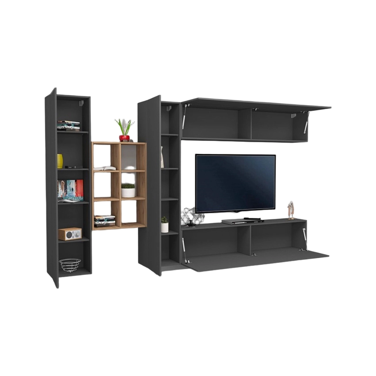 Wall unit TV stand with bookcase and 2 cabinets grey Sid RT — 7