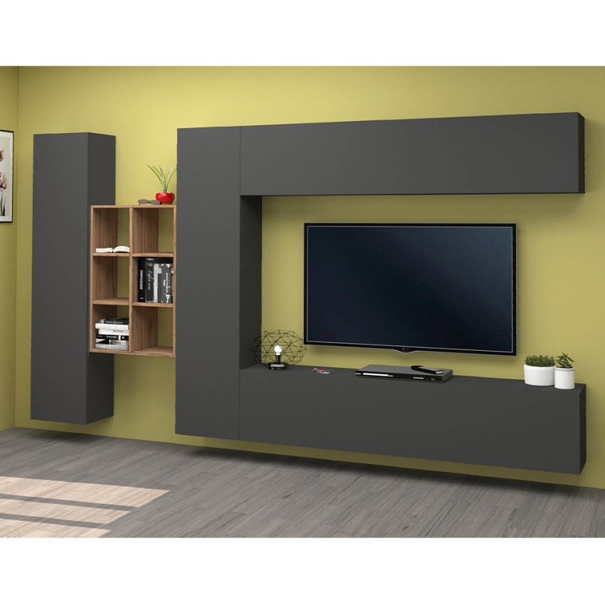 Wall unit TV stand with bookcase and 2 cabinets grey Sid RT — 3