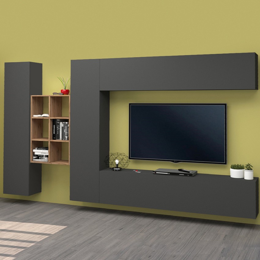 Wall unit TV stand with bookcase and 2 cabinets grey Sid RT — 2