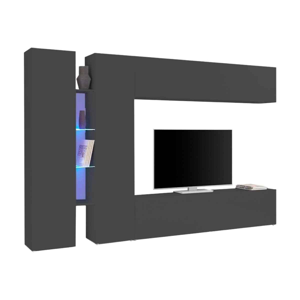 Modern Black Living Room Wall Unit Note Twin with TV Stand, 2 Cabinets, 4 Shelves — 1