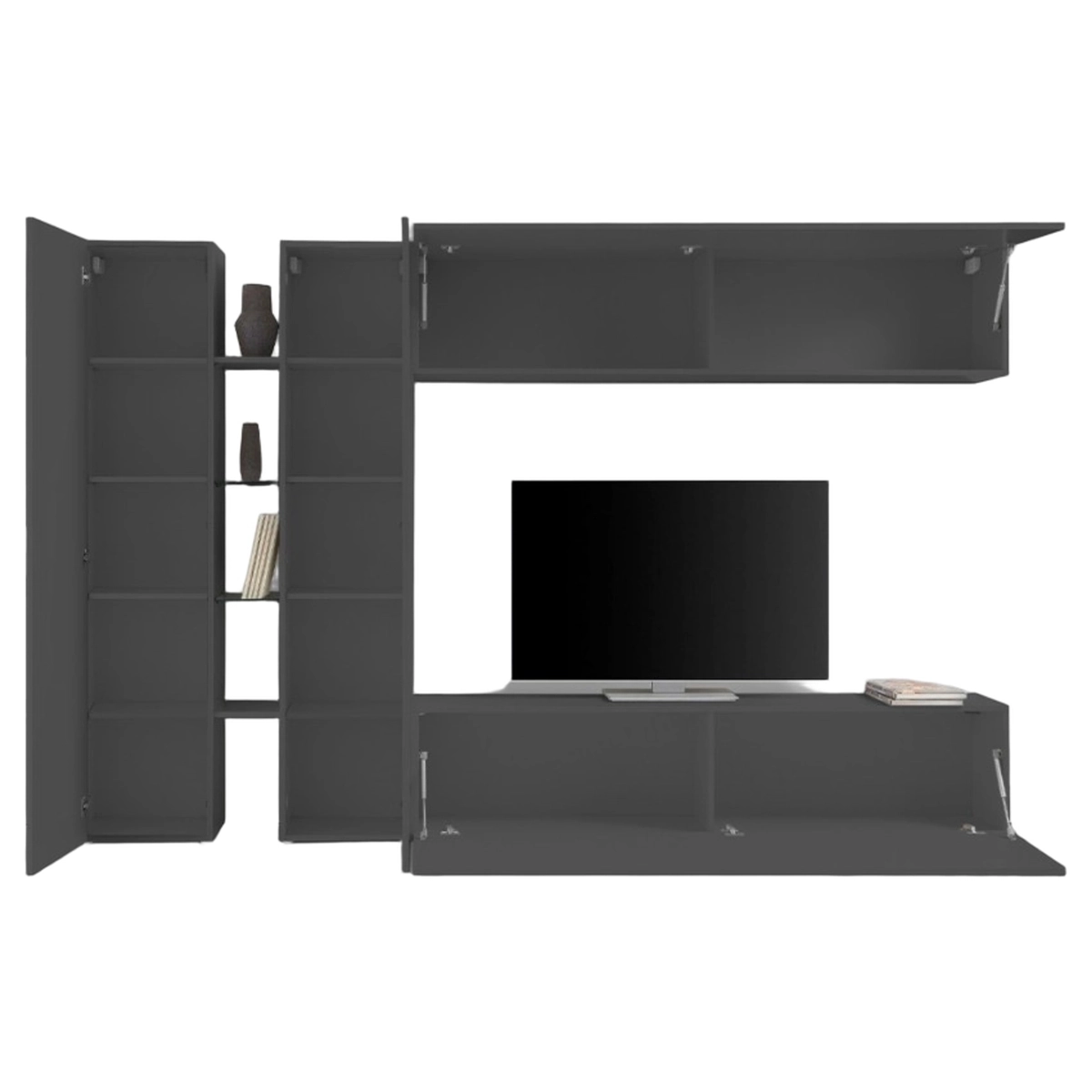 Modern Black Living Room Wall Unit Note Twin with TV Stand, 2 Cabinets, 4 Shelves — 7