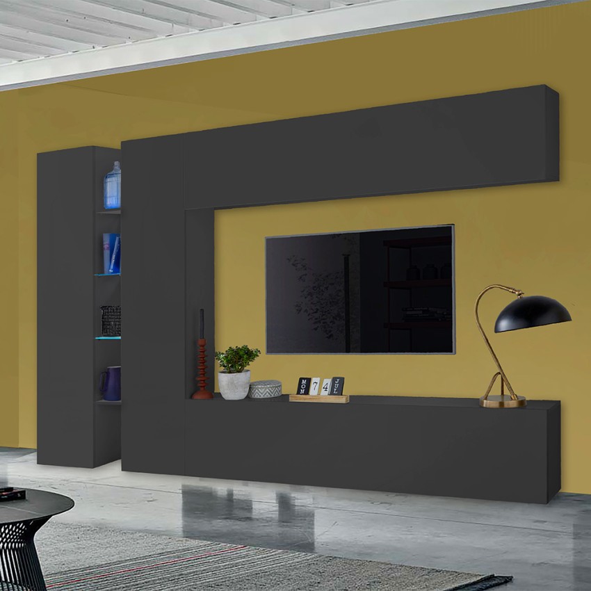 Modern Black Living Room Wall Unit Note Twin with TV Stand, 2 Cabinets, 4 Shelves — 2